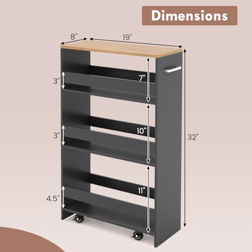 LOKO 4-Tier Rolling Storage Cart, 8 Inches Slim Kitchen Cart on Wheels with Open Shelves & Handle, Laundry Room Cart Between Washer and Dryer, for Narrow Space Bathroom Next to Fridge (Grey & Natural) - color: Grey & Natural