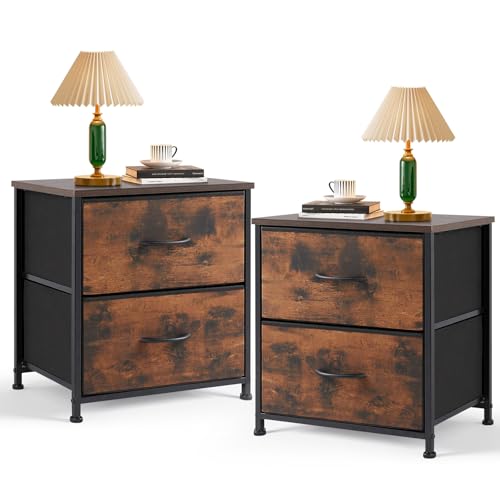 Nightstand Set of 2 Small 2 Drawer Dresser End Table Bedside Furniture | Wooden Top Fabric Bins for Bedroom, Closet, Entryway, Dorm, 11.8" D x 18" W x 20", Brown - color: Brown