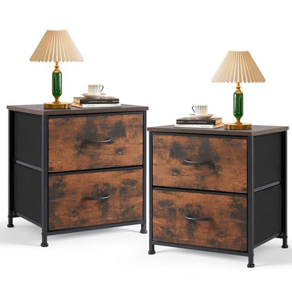 Nightstand Set of 2 Small 2 Drawer Dresser End Table Bedside Furniture | Wooden Top Fabric Bins for Bedroom, Closet, Entryway, Dorm, 11.8" D x 18" W x 20", Brown - color: Brown