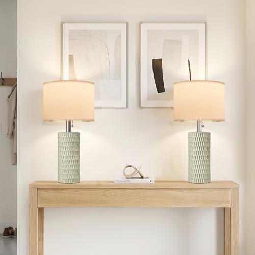 Reaketon Table Lamps for Living Room Set of 2, Ceramic Table Lamps for Bedroom, 20" Modern Lamps for Night Stands, Light Green - color: Light Green