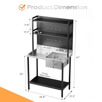 VINGLI 67'' 304 Stainless Steel Commercial Sink, Freestanding Utility Sink Table with Drainboard, Adjustable Shelves,Pegboard for Hanging Tools, Heavy Duty Prep Sink for Kitchen Garage Laundry Room