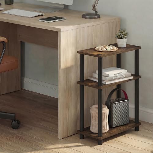 Furinno Turn-N-Tube Narrow Side Table, 3-Tier Rectangular Modern End Table with Storage Shelf, Slim Toolless Assembly Nightstand, Night Stand, Bedside Table, for Living Room, Bedroom, Amber Pine - color: Amber Pine/Black