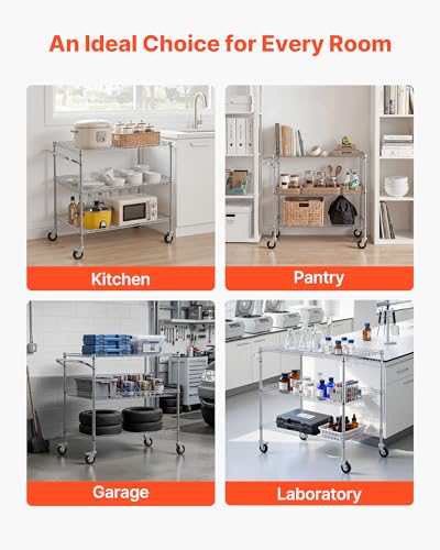 VEVOR Kitchen Utility Cart, 3 Tier Heavy Duty Adjustable Wire Storage Rack, Commercial Steel Rolling Service Trolley on Wheels, Work Table with Handle Bar, for Garage and Laundry Room, 40x25x40.9 in - size: 25"D x 40"W x 40.9"H