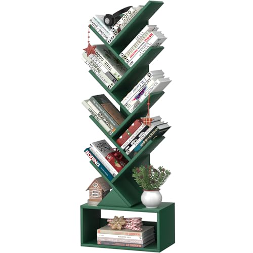 SHEEPAM 9 Tier Tree Bookshelf,Christmas Green Bookcase for Narrow Space, Storage Organizer Floor Standing Bookshelves for Books, Tall Book Case for Home Office, Living Room, Bedroom - color: Christmas Green, size: 9 Tier