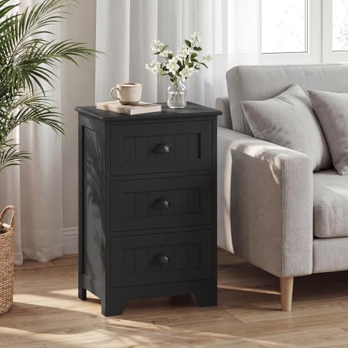 Giantex Nightstand with 3 Drawers, Bedside Table with Exquisite Metal Handles, Accent Table Sofa Side Table with Anti-toppling Device for Bedroom, Study, Black - color: Black
