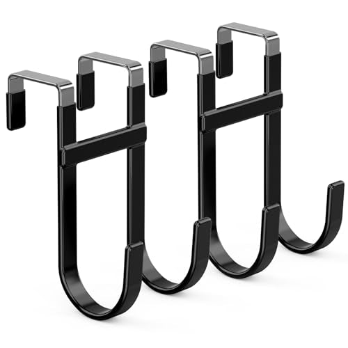 FYY Over the Door Hooks, Double-Hanger 2 Pack, Fits Doors 1 3/8" Black | Heavy Duty Metal, Hold 100lbs, Rubber-Coated, No-Drilling, for Bathroom Dorm, Hanging Clothes Towels Bags Ironing Board Robe - color: Black, size: 5.12" Long, Fit Interior Doors Up t