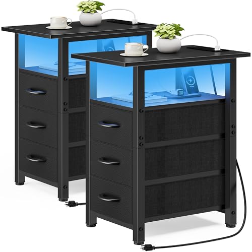 Vagusicc Set of 2 Black Nightstand with Charging Station and LED Lights, Narrow End Table, LED Night Stand with 3 Fabric Drawers for Bedroom, Small Bedside Table, Narrow Side Table for Small Spaces - color: Black, size: 2, style: With Power & LED