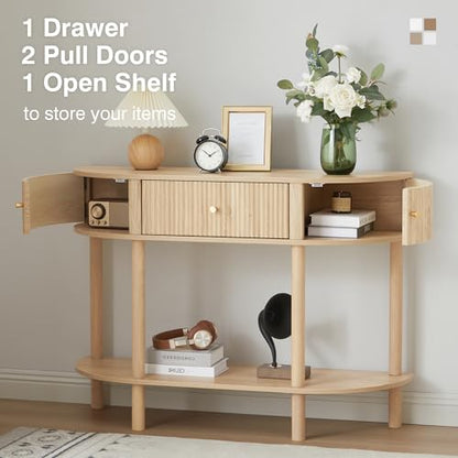 XUZENEST 43.3“ Fluted Half Moon Console Table, Modern Entryway Console Sofa Table with Storage, Narrow Wood Accent Tables Behind Couch Tables for Living Room, Hallway, Foyer(Natural) - color: 43.3 Half Moon Natural