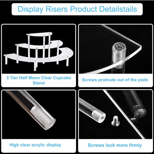 HENABLE Acrylic Display Riser - 3 Tier Clear Cupcake Stand, Perfume Organizer, Half Moon Dessert Stand, Shelf for Food, Amiibo Funko POP Figure Display