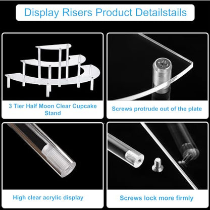 HENABLE Acrylic Display Riser - 3 Tier Clear Cupcake Stand, Perfume Organizer, Half Moon Dessert Stand, Shelf for Food, Amiibo Funko POP Figure Display