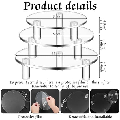 Lineshading 3 Pcs Round Acrylic Display Riser Clear Round Stands Clear Pedestal Riser Board for Cake Plant Dessert Jewelry Collectible Cupcake Figure Wedding Birthday Party Decor(6'',8'',10'') - size: 6'',8'',10'', style: Round