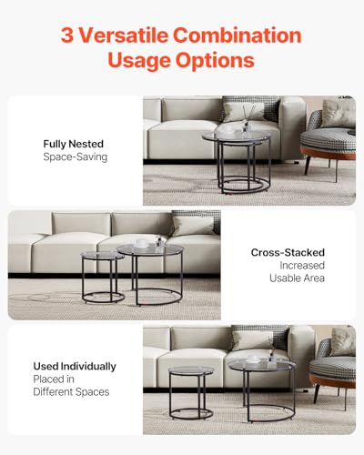 VEVOR Nesting Coffee Table Set of 2, 23.6 in Round Coffee Table, Glass Nesting Tables for Small Place, Modern End Side Tables Night Stand with Metal Frame, for Living Room, Bedroom, Balcony, Office - color: Black
