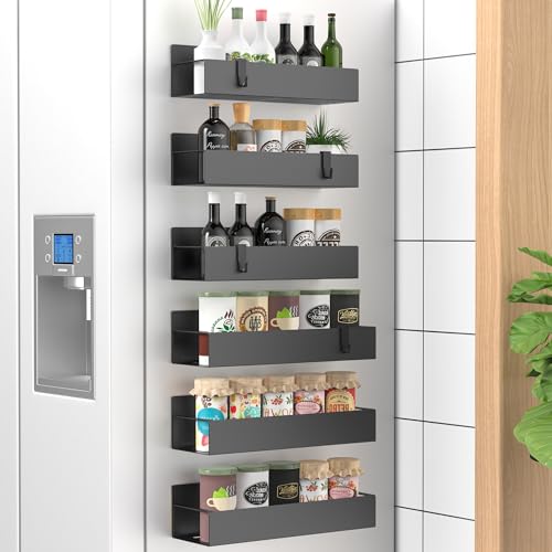 Metal Magnetic Spice Rack for Refrigerator Matt Black, 6 Pack | Magnetic Shelves Heavy Duty for Fridge in Kitchen, Seasoning Storage Organizer, For Oven Washer and Dryer, For Heavier Items - color: Matt Black, size: 6 Pack