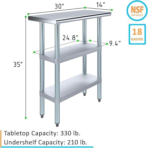 Stainless Steel Work Table with Double Undershelf – Compact Commercial Prep Table for Restaurant, Kitchen, Bakery – NSF Certified (14 x 30) - size: 14x30