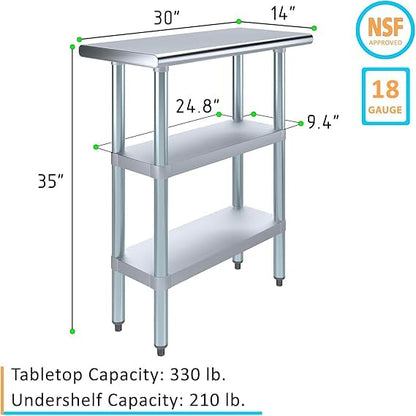 Stainless Steel Work Table with Double Undershelf – Compact Commercial Prep Table for Restaurant, Kitchen, Bakery – NSF Certified (14 x 30) - size: 14x30