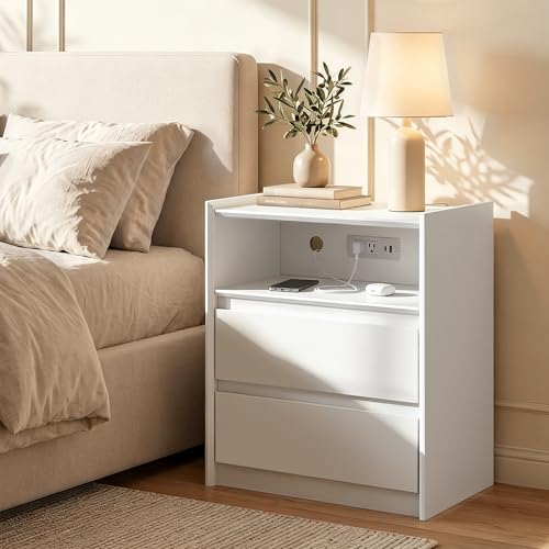 24" Tall Nightstand with Charging Station Including USB-C, Modern Bedside Table and Sofa End Table - White, 2 Drawers, 1-Pack - color: White, size: 1-Pack, style: 2 Drawers