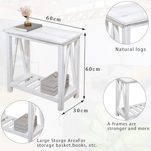 Farmhouse Narrow End Table Wooden Rustic White Side Tables with Storage Shelves Narrow Sofa Table for Small Spaces Living Room Bedroom Bathroom Dorm - color: Rustic White