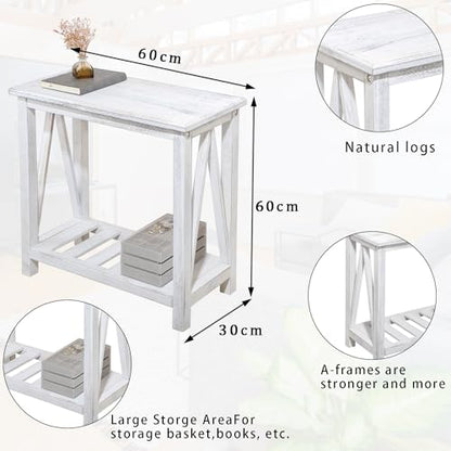 Farmhouse Narrow End Table Wooden Rustic White Side Tables with Storage Shelves Narrow Sofa Table for Small Spaces Living Room Bedroom Bathroom Dorm - color: Rustic White
