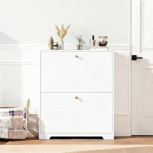 Nicetree Shoe Cabinet with 2 Flip Drawers, Narrow Shoe Organizer Cabinet, Freestanding Shoe Rack Cabinet, Modern Shoe Storage Cabinet for Entryway, Hallway, Foyer, White with Hook - color: White, style: 2-Drawers with Hook