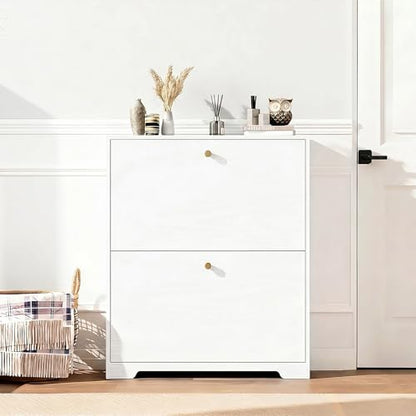 Nicetree Shoe Cabinet with 2 Flip Drawers, Narrow Shoe Organizer Cabinet, Freestanding Shoe Rack Cabinet, Modern Shoe Storage Cabinet for Entryway, Hallway, Foyer, White with Hook - color: White, style: 2-Drawers with Hook