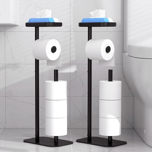Kitsure Toilet Paper Holder Free Standing – Rustproof Metal Toilet Paper Stand for 4 Rolls with Anti-Slip Base and Shelf for Phone & Small Items, Bathroom Organizers and Storage, Medium, Black, 2Pack - color: Black, size: Medium - 2 Pack