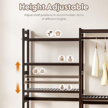 Cozivolife Over The Washer and Dryer Storage Shelf Bamboo,5 Tiers Laundry Room Drying Rack with Adjustable Shelves and 4 Hooks,Space Saver Organizer for Hanging Clothes and Towels (Brown) - color: Brown