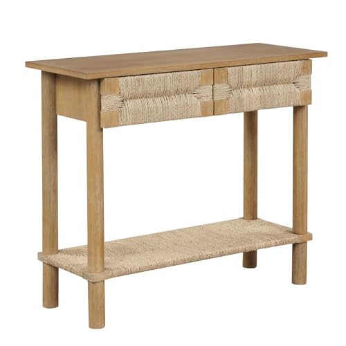 Nathan James Beacon Wooden Sofa Console Table with Drawers, Bohemian Entryway Table, Hallway Table with Seagrass Shelf, Light Brown - color: Beacon Light Brown/Seagrass, size: Set of 1