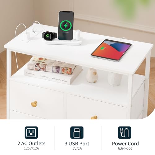 Yoobure Night Stand with Charge Station, Nightstand with 4 Drawers Bedside Table, LED Dresser with Storage Shelf, Night Stands for Bedroom, Side Table 3-Tier Wood End Table for Home, Office White - color: White