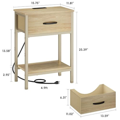 Vagusicc Nightstand Set of 2 with Charging Station, Bed Side Table with Fabric Drawer, Small End Table with 2-Tier Storage Shelves, 25.4" Tall Bedside Table, Night Stand for Bedroom Dorm, Natural - color: Natural (2 Pack)