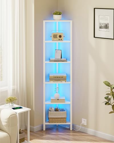 TUTOTAK 6-Tier Corner Bookshelf with LED Light, Corner Shelf | for Small Space, Narrow Display Corner Shelf Stand with Storage Rack, for Living Room, Bedroom, Pure White V1BS05BW006L - color: White, size: 6-tier With Led