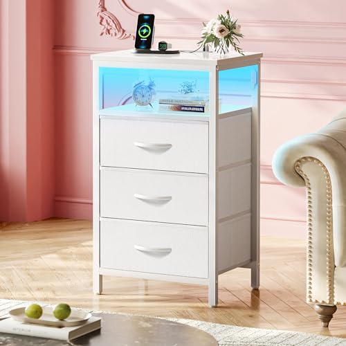 Huuger Night Stand with Charger Station and LED Lights, 3 Drawer Nightstand, Bed Side Table with Open Shelf, End Table, Tall Fabric Dresser for Bedroom, PU Leather, White - color: White, size: 11.8"D x 15.7"W x 27.6"H（3 Drawers）