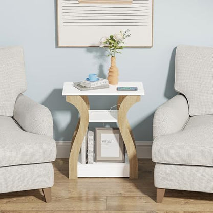 FROMJBEST End Tables Living Room, End Table with Charging Station,White&Oak | Side Table Living Room, with USB Ports and Outlets, Nightstand for Bedroom, 3-Tier Storage Shelf, Bedside Table - color: White+oak