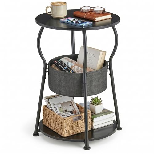 Small Round Side Table with Storage Bag, 3-Tier Accent Round End Table with Storage Shelves for Living Room, 21.6" H Vintage Small Corner Table for Smalls Spaces (D - 15.8 in Black) - color: D - 15.7 in Black