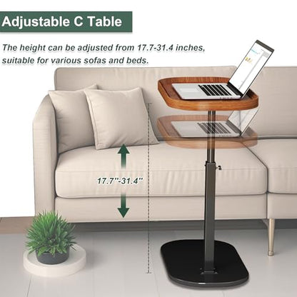 Adjustable Height C Shaped Side Table, Couch Tables That Slide Under, C Side Table Raised Edge, 360°Swivel C Shaped End Table, Small Coffee C Table, End Table for Sofa/Bed/Bathtub (Wood) - color: Wood