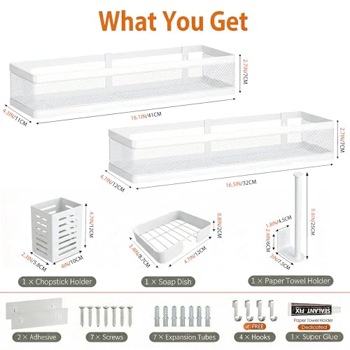 PUSDON 5-in-1 16.5" Extra Long Slim Wall Mount Wrapped Mesh Kitchen Organizer & Shower Caddy Kit, with Paper Towel Holder, Utensil Holder, Soap Dish, Holds 50LBS - White, Netting - color: White, size: 5-in-1 Full Mesh (16.5" Extra Long)
