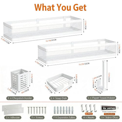 PUSDON 5-in-1 16.5" Extra Long Slim Wall Mount Wrapped Mesh Kitchen Organizer & Shower Caddy Kit, with Paper Towel Holder, Utensil Holder, Soap Dish, Holds 50LBS - White, Netting - color: White, size: 5-in-1 Full Mesh (16.5" Extra Long)