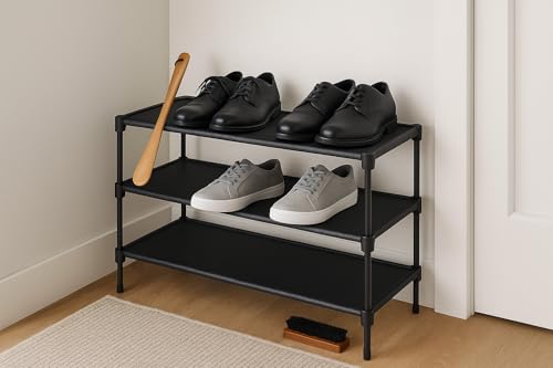 Shoe Rack Organizer with Shoe Brush and Shoe Horn, Black, 3-Tier, Metal Frame Storage Shelf for Entryway