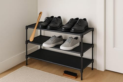 Shoe Rack Organizer with Shoe Brush and Shoe Horn, Black, 3-Tier, Metal Frame Storage Shelf for Entryway