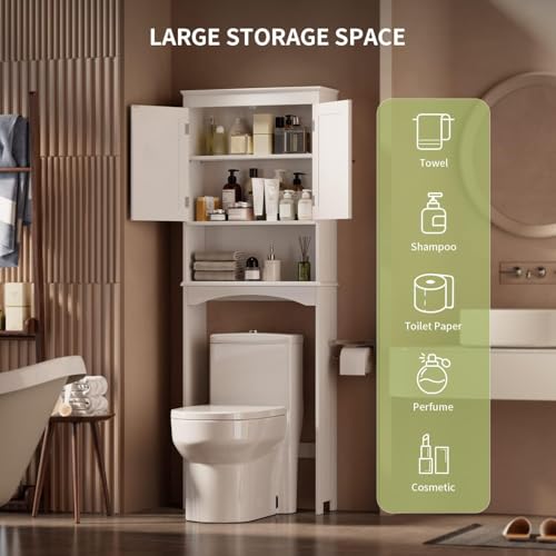 Gizoon Over the Toilet Storage Cabinet with Adjustable Shelf, White | Bathroom Space Saver Organizer Above Toilet with Open Shelf and Double Doors, Taller Wooden Free Standing Toilet Rack - color: White