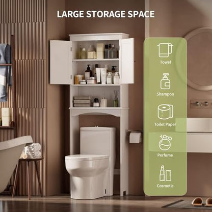Gizoon Over the Toilet Storage Cabinet with Adjustable Shelf, White | Bathroom Space Saver Organizer Above Toilet with Open Shelf and Double Doors, Taller Wooden Free Standing Toilet Rack - color: White
