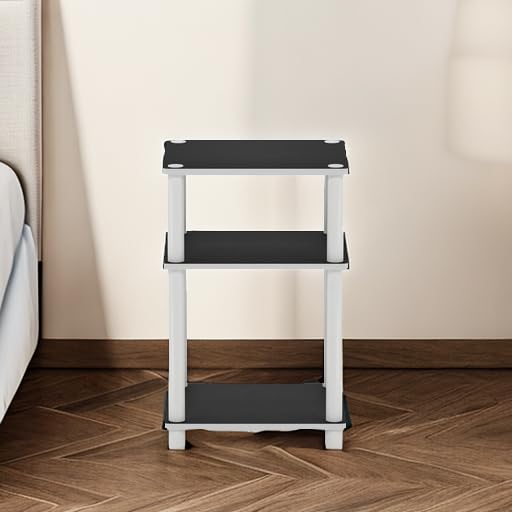 Furinno JUST Side Table, 3-Tier End Table, Open Shelves Night Stand, Bedside Table, Toolless Assembly, for Living Room, Bedroom, Bathroom, White(Espresso) - color: White/Espresso, size: 3-Tier, Round Pole, style: 1-Pack