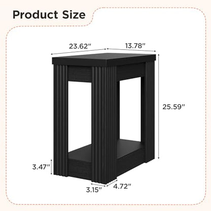 Maupvit Narrow Wood End Table for Living Room, 2-Tier Small Slim Side Table with Storage Shelf, Modern Fluted Nightstand for Bedside, Small Spaces, Living Room, Bedroom, Black, Set of 2 - color: Black