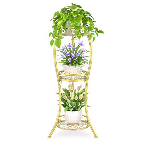 iDavosic.ly 3 Tier Tall Metal Plant Stand Indoor Outdoor, Wrought Iron Corner Flower Pot Holder Shelf, 34 Inch Vertical Display Rack for Patio Porch Living Room Garden, Gold - color: Gold, size: 3 Tiers