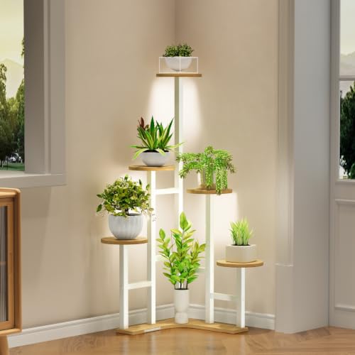 Yzosvki Corner Plant Stand Indoor with Grow Lights, 6 Tiered Corner Plant Shelf Flower Stand for Multiple Plants, Plant Shelves Organizer Rack for Living Room, Balcony, Patio, Round White Oak - color: White Oak(with Lights), size: 6 Tier-Round
