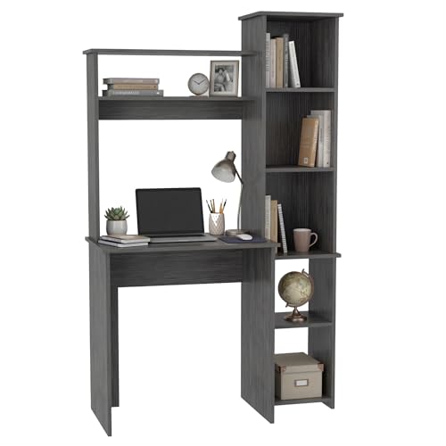 Tuhome Versalles Writing Desk with Two Superior Shelves, Five Side Open Storage Compartments, Space-Saving Modern Workstation Design for Studios and Offices, Ideal for Organization, Books - color: Smokey Oak