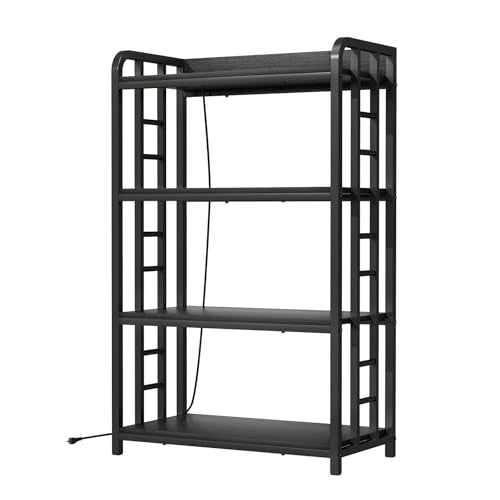 Adjustable Bakers Rack with Power Outlet, 4 Tier Microwave Oven Stand, Heavy Duty Kitchen Storage Rack for Garage Dining Room, Black