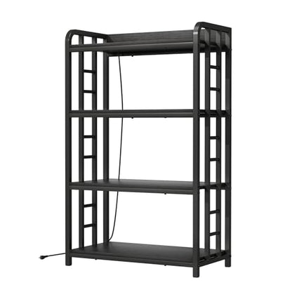 Adjustable Bakers Rack with Power Outlet, 4 Tier Microwave Oven Stand, Heavy Duty Kitchen Storage Rack for Garage Dining Room, Black