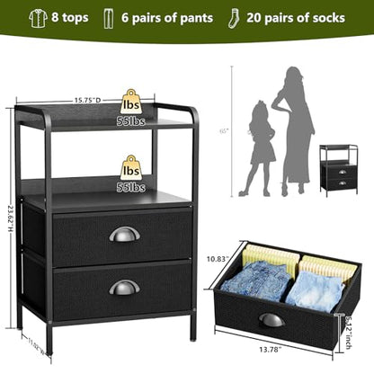 Night Stand Set 2, Nightstand with 2 Fabric Drawer, End Table with Open Shelf, Bedside Table Side Table with Wooden Top for Bedroom, Black - color: Black(2 Drawer), size: set of 2