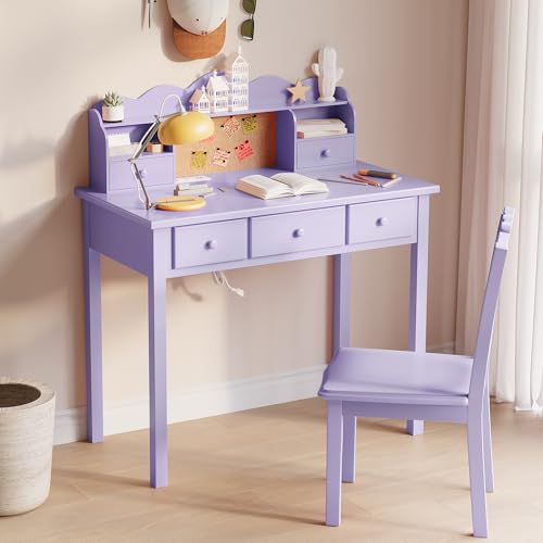 FUNKOCO Home Office Furniture Writing Desk, 36 Inch Computer Work Station with Detachable Hutch for Small Place, 5 Drawers(Purple) - color: 6-purple