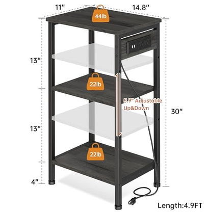 Asgolion Tall End Table with Charging Station, 3 Tier Narrow Beside Table with Adjustable Shelf, Tall Gray Side Table Nightstand for Bedroom, Living Room Coffe Table, Office, Charcoal Grey - color: Charcoal Grey, size: 14.8"D x 11"W x 30"H
